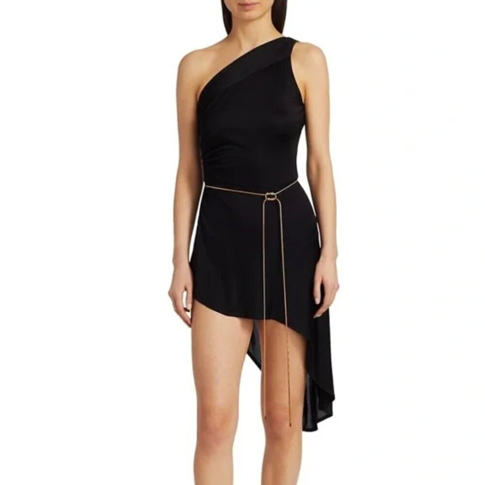 Alexis Mellie Dress Asymetrical One Shoulder Sleeveless Belted Black Gold New XL